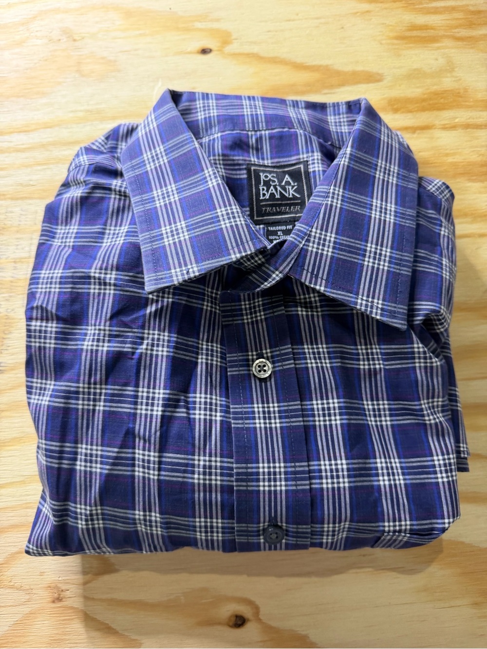 Jos A Bank Traveler Men XL Tailored Fit Blue Purple Plaid Cotton Dress Shirt